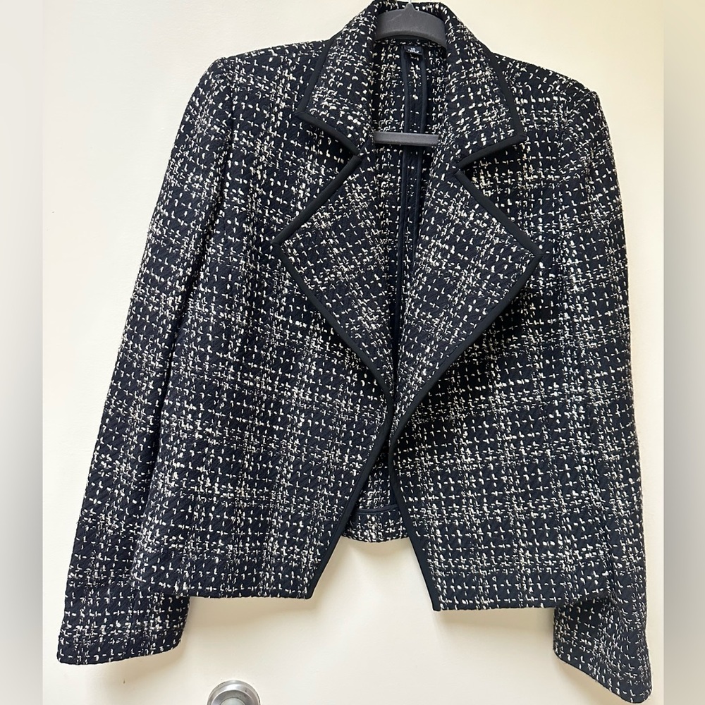 LINDA ALLARD ELLEN TRACY tweed wool blend blazer black white tweed open 🍒